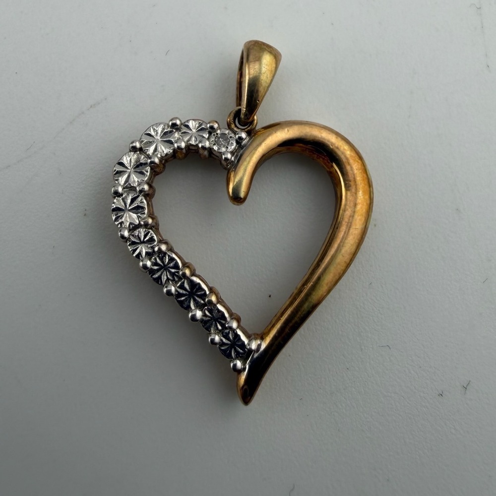Gold Tone Silver Heart Pendant Diamond Cut 925 Sterling Silver